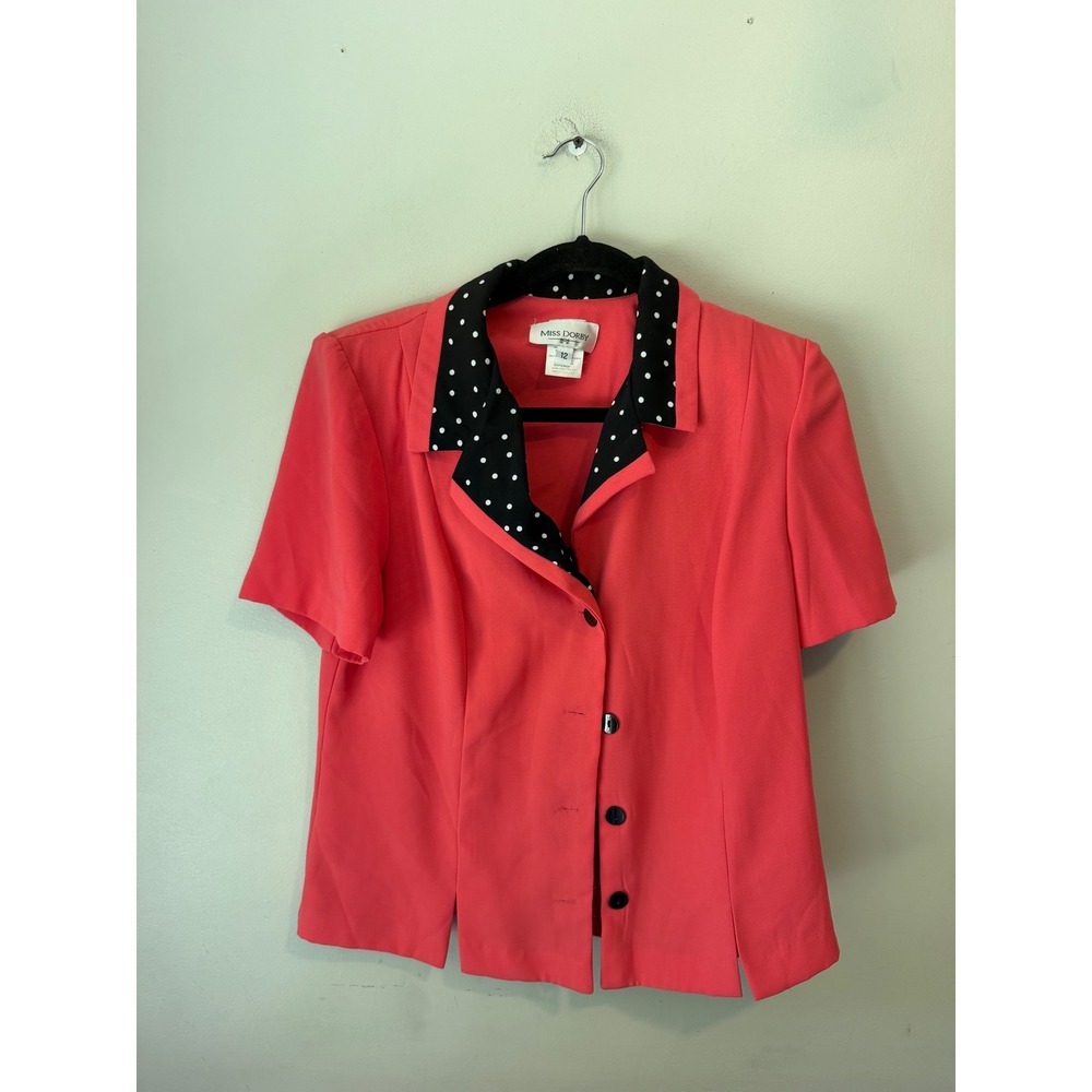 Miss Dorby Womens Coral Pink Polka Dot Lapel Short Sleeve Blazer Top Size 12